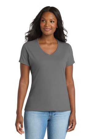 Port & Co LPC381V Women's Performance Blend V-Neck Tee in Medium Grey