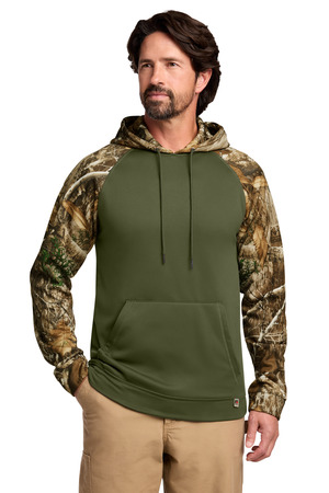 Russell Outdoors RU451 Realtree Performance Colorblock Pullover Hoodie in Olive Drab Green/ Realtree Edge