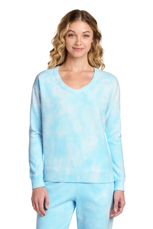 Port & Co LPC140V Women's Beach Wash Cloud Tie-Dye V-Neck Sweatshirt — Front