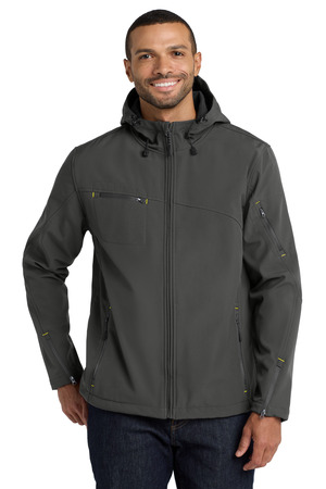 Port Authority J706 Textured Hooded Soft Shell Jacket in Charcoal/ Lemon Yellow