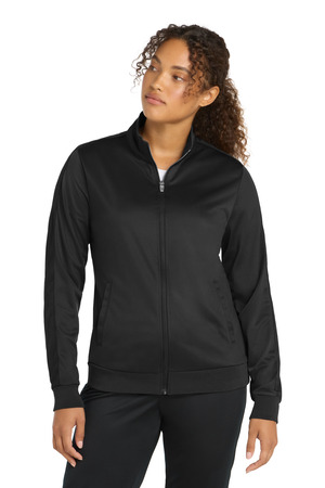 Sport-Tek LST94 Women's Tricot Sleeve Stripe Track Jacket — Front