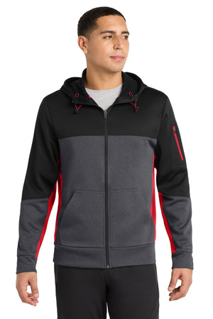 Sport-Tek ST245 Tech Fleece Colorblock Full-Zip Hooded Jacket in Black/ Graphite Heather/ True Red