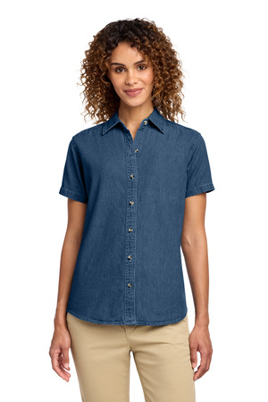 Port & Co LSP11 Women's Short Sleeve Value Denim Shirt — Front
