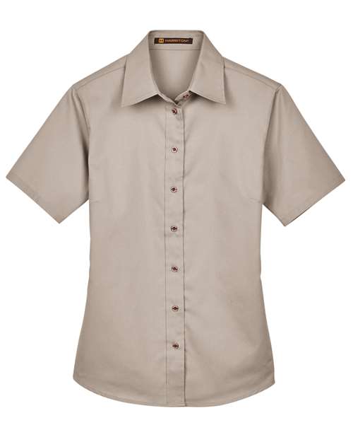 Harriton M500SW Women's Easy Blend™ Short Sleeve Twill Dress Shirt with Stain-Release in Stone