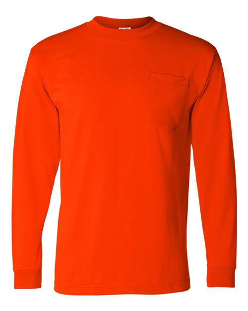 Bayside 1730 Unisex USA-Made 50/50 Long Sleeve Pocket T-Shirt in Safety Orange