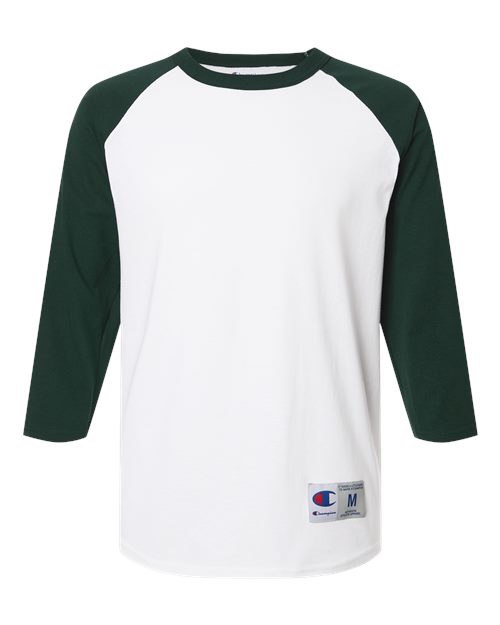 Champion T137 Unisex Raglan Sleeve Baseball T-Shirt in White/ Dark Green