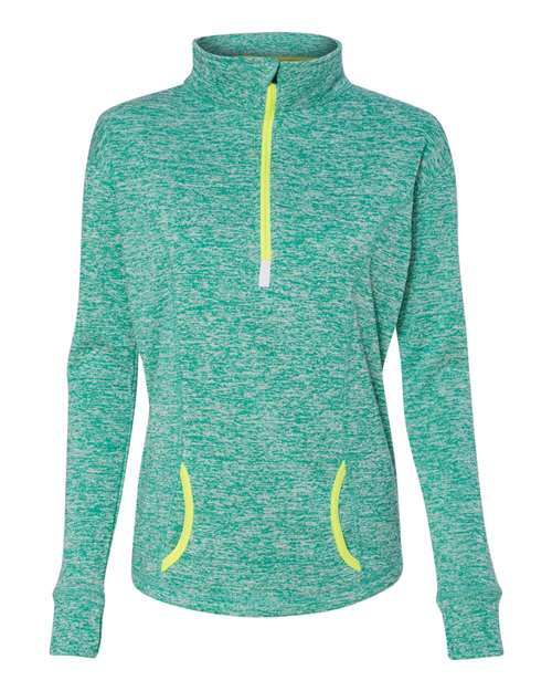 J. America 8617 Women's Cosmic Fleece Quarter-Zip Pullover in Emerald/ Neon Yellow