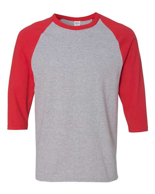 Gildan 5700 Unisex Heavy Cotton™ Raglan Three-Quarter Sleeve T-Shirt in Sport Grey/ Red