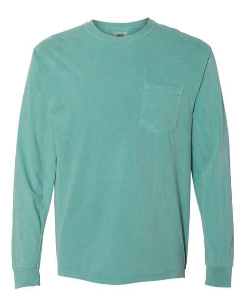 Comfort Colors 4410 Unisex Garment-Dyed Heavyweight Long Sleeve Pocket T-Shirt in Seafoam