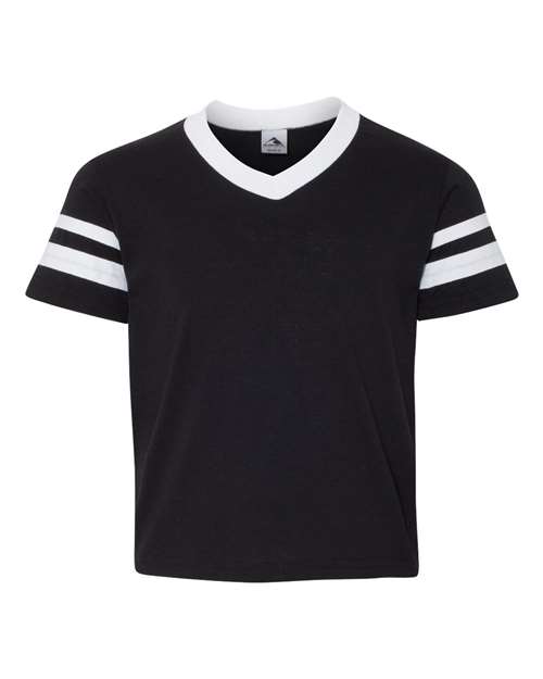 Augusta Sportswear 361 Youth V-Neck Jersey with Striped Sleeves — Front