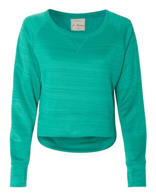 J. America 8663 Women's Odyssey Striped Performance Fleece Hi-Low Crewneck Sweatshirt — Front