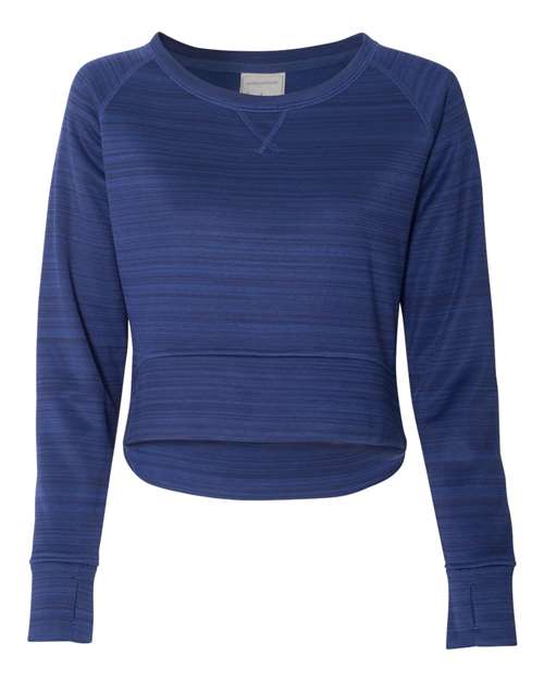 J. America 8663 Women's Odyssey Striped Performance Fleece Hi-Low Crewneck Sweatshirt in Sapphire