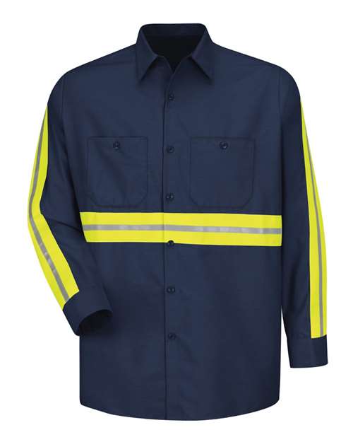 Red Kap SP14E Men's Industrial Enhanced-Visibility Long Sleeve Work Shirt in Navy/ Yellow Trim