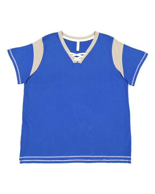 LAT 3833 Women's Curvy Lace Up Fine Jersey Tee in Royal/ Titanium/ White