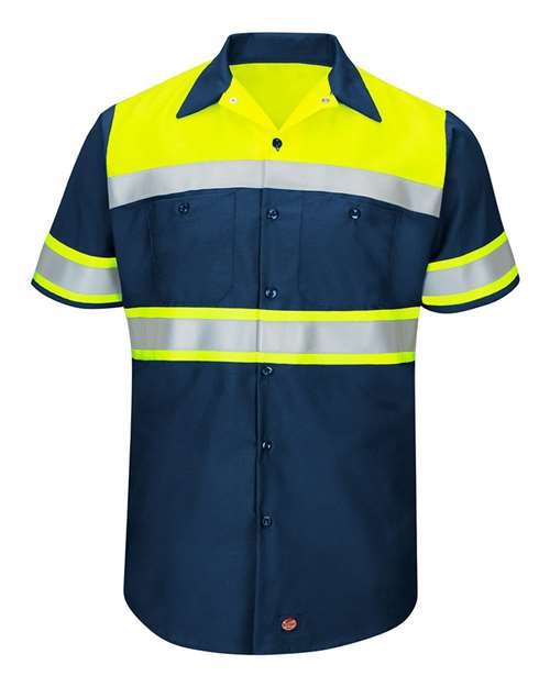 Red Kap SY80 Men's Hi-Visibility Colorblock Ripstop Short Sleeve Work Shirt in Fluorescent Yellow/ Navy