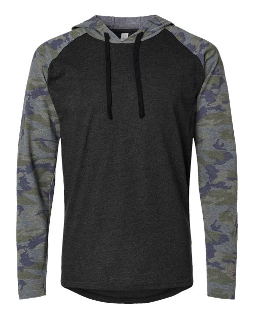LAT 6917 Unisex Fine Jersey Hooded Long Sleeve Raglan Tee in Vintage Smoke/ Vintage Camo/ Black